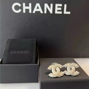 CHANEL Gold Crystal Pearl Stud Earrings